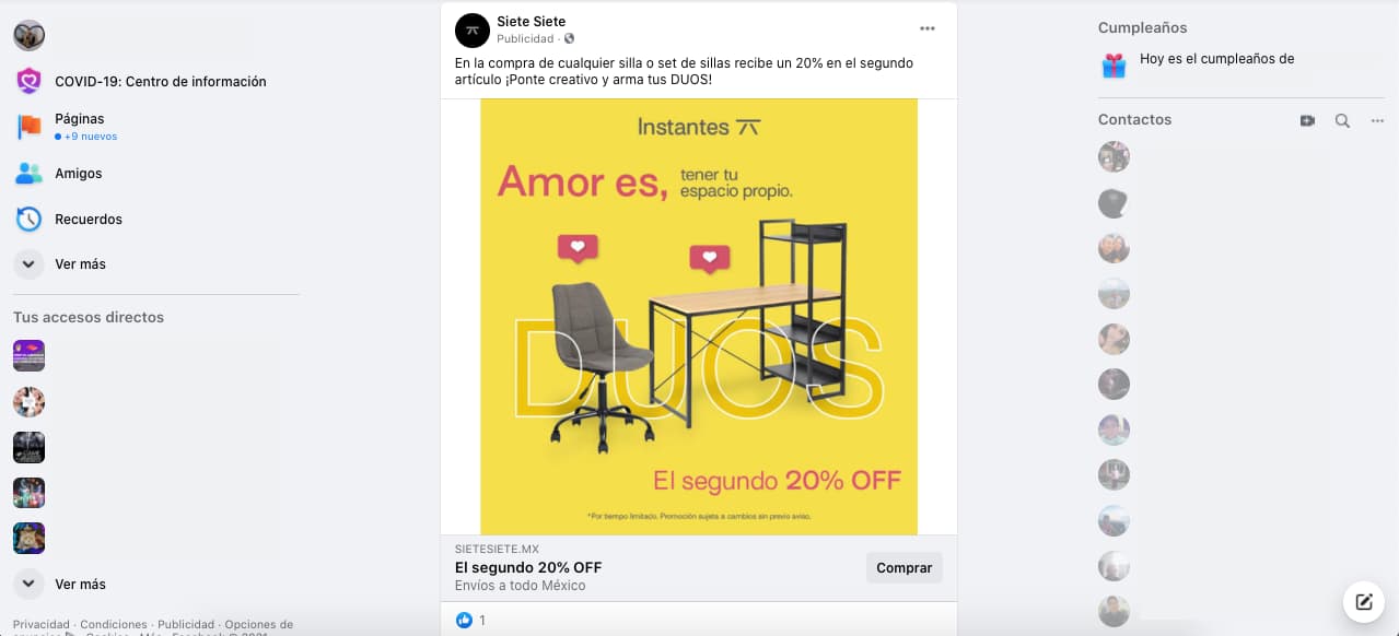 Ejemplo de remarketing de Facebook: anuncio de la tienda electrónica Siete Siete después de haber visitado su sitio web