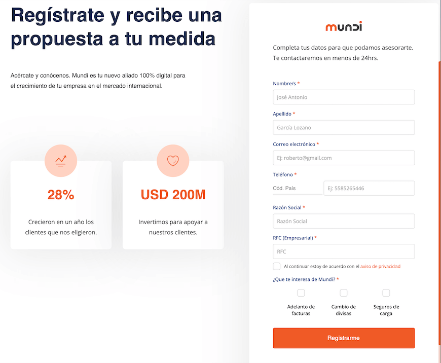 Ejemplo de formulario en página web: Mundi