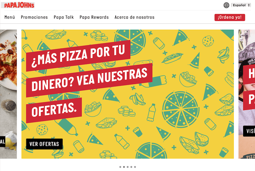 Ejemplo de Hero section con CTA e imágenes desplazadles: Papa Johns