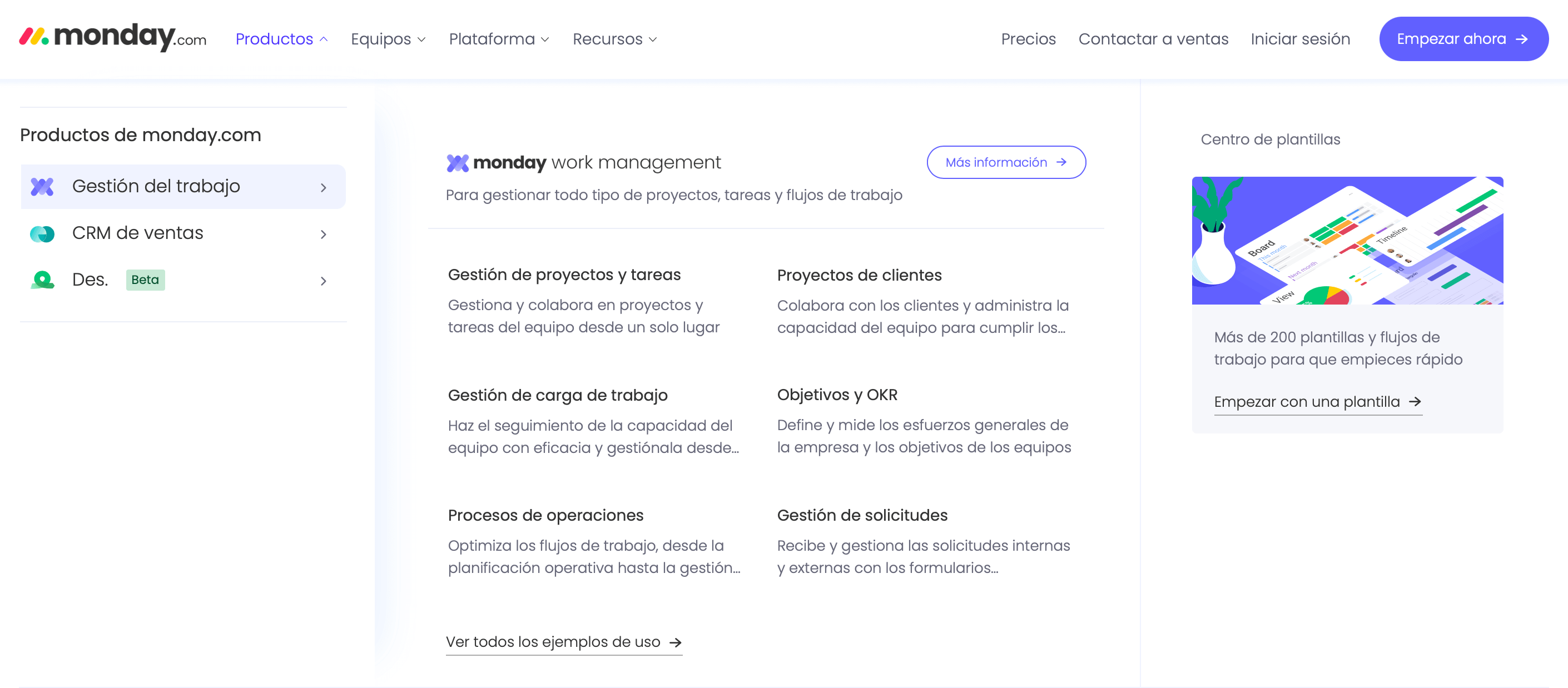 Ejemplo de menú desplegado de Monday.com