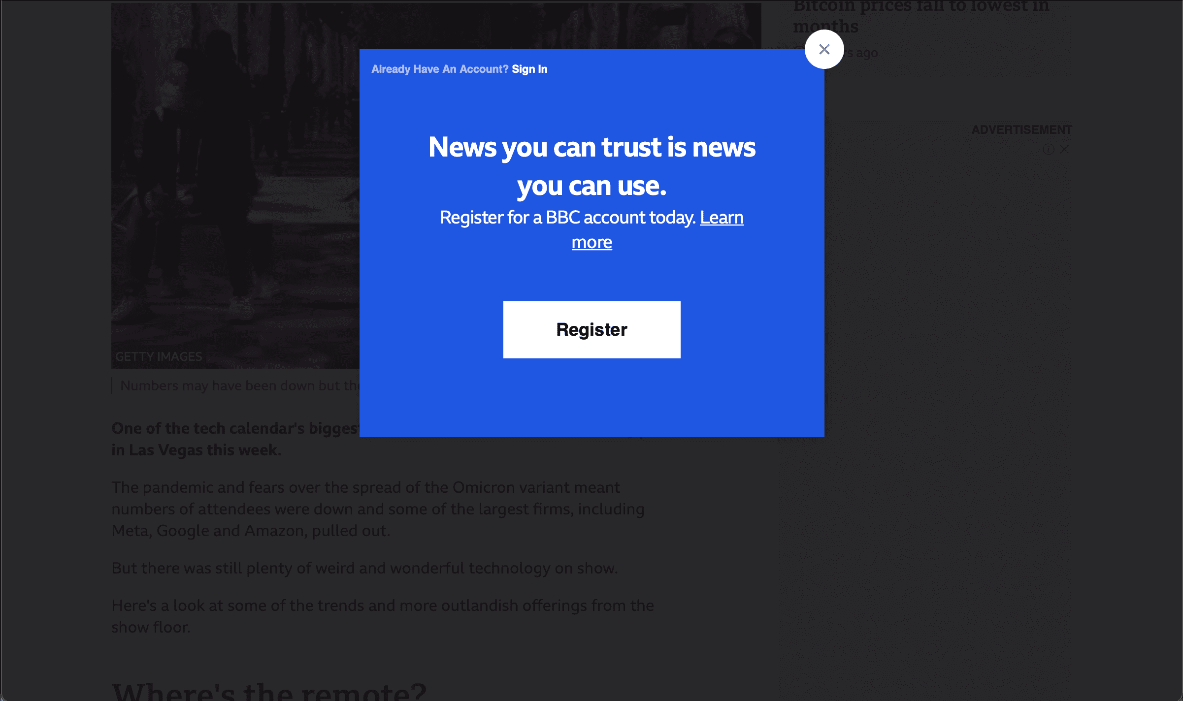 Ejemplo de pop-up como ventana superpuesta en página de noticias