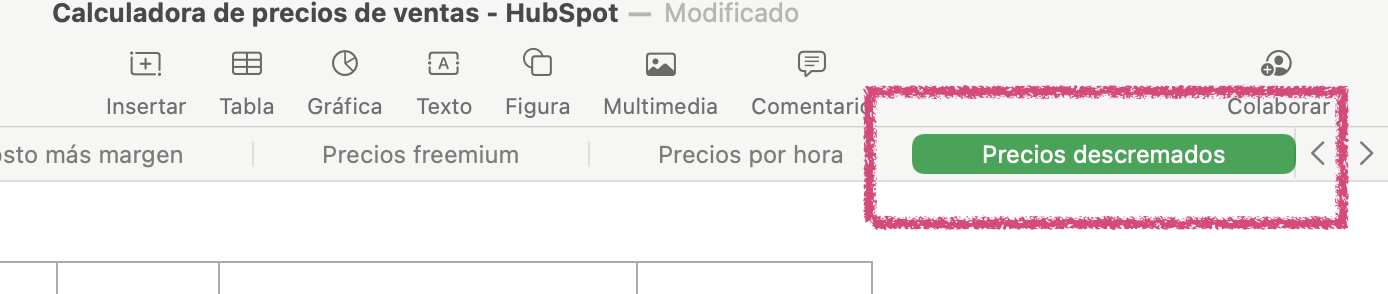Pestaña para precios descremados de la plantilla de HubSpot