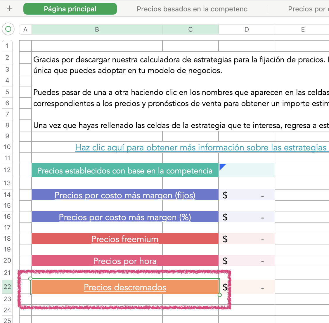 Link para pestaña de precios descremados de la plantilla de HubSpot