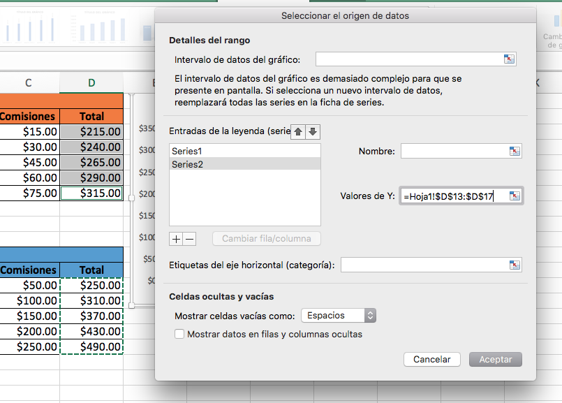 Cómo hacer una gráfica comparativa en Excel: valores de Y