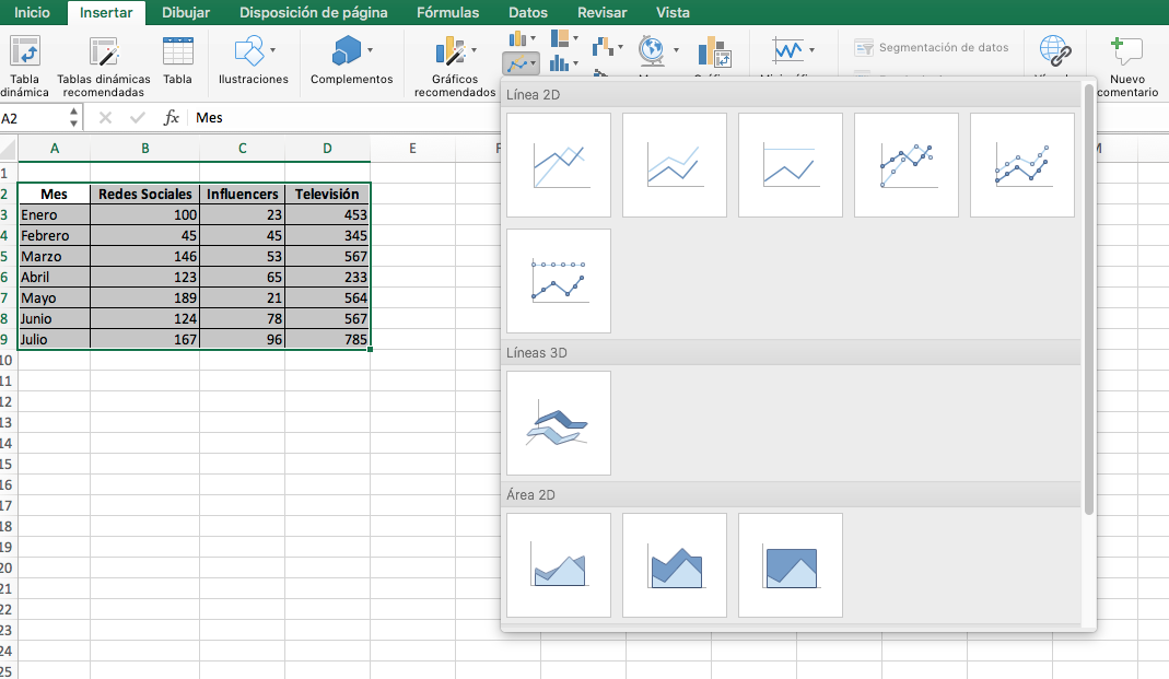Cómo hacer una gráfica lineal en Excel: selección de datos