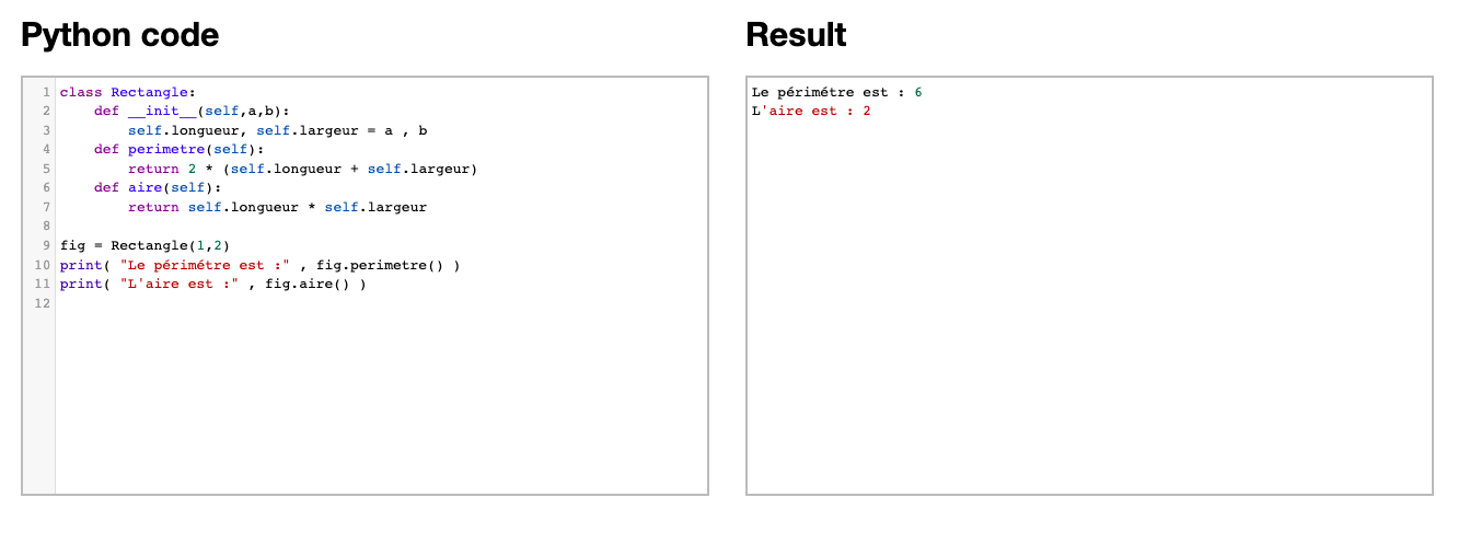 exemple d'exécution d'une classe Python pour calculer l'aire et le périmètre