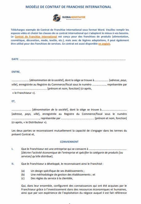 exemple contrat de franchise internationale