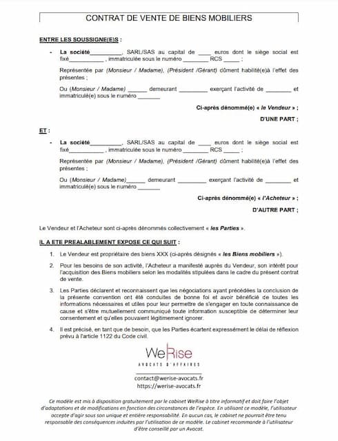 exemple contrat de vente de bien mobilier