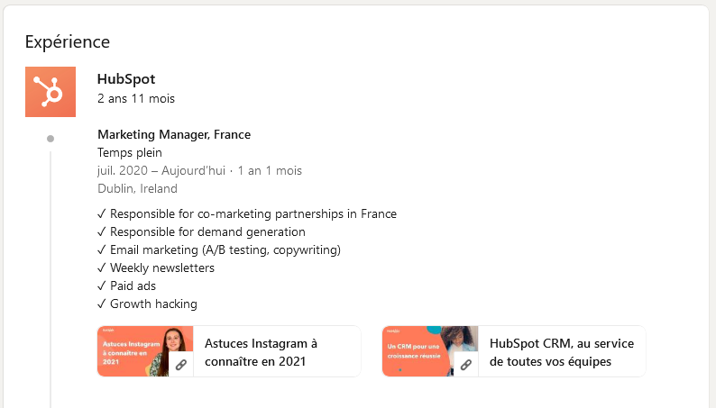 exemple d'un profil linkedin avec contenus dans le CV