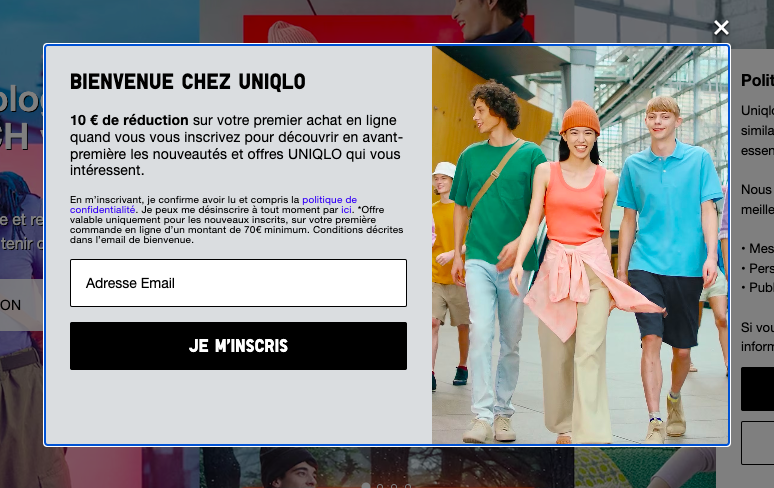 pop-in inscription newsletter uniqlo avec code de réduction