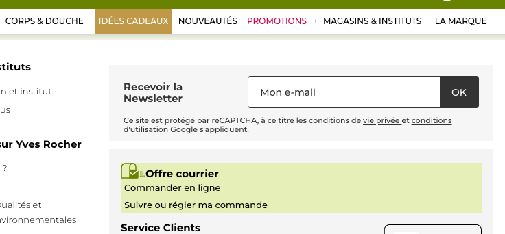 formulaire d'inscription à la newsletter yves rocher dans le footer