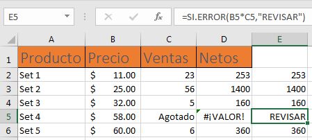 Ejemplo de funciones avanzadas de Excel con si.error