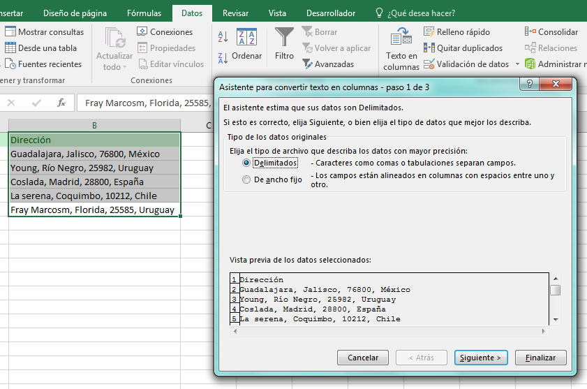 Ejemplo de funciones avanzadas de Excel: texto en columna