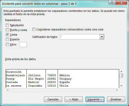 Ejemplo de texto en columna en Excel