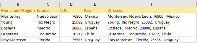 Ejemplo de unión de cadenas con función avanzada de Excel