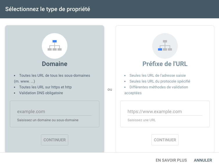 sélectionner un type de propriété google search console