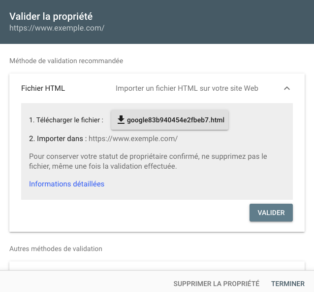 valider propriété via fichier html dans google search console