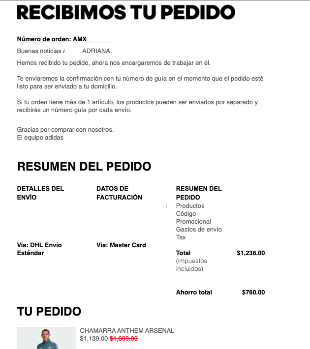 Ejemplo de forma original de decir «gracias por tu compra» de Adidas