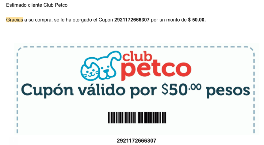 Ejemplo de forma original de decir gracias por tu compra de Petco