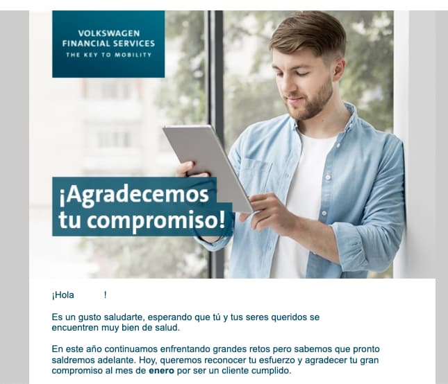 Ejemplo de forma original de decir gracias por tu compra de Volkswagen Leasing