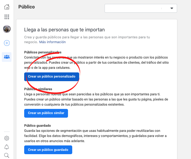 Cómo hacer remarketing en Facebook: selecciona «Crear un público personalizado»