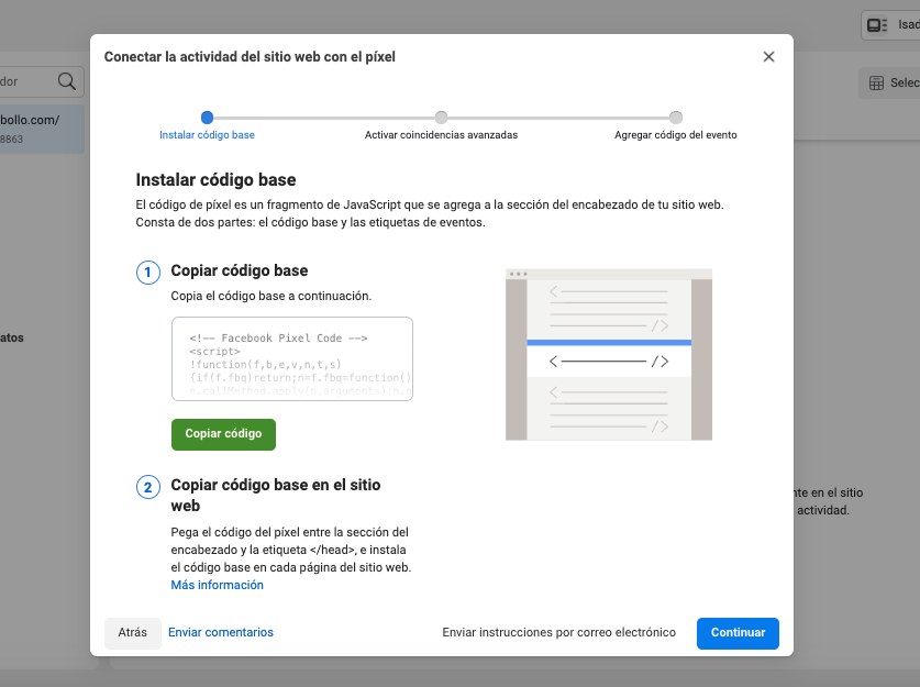 Cómo crear un píxel de Facebook para tu sitio web: copia el código del píxel para instalarlo en tu sitio web