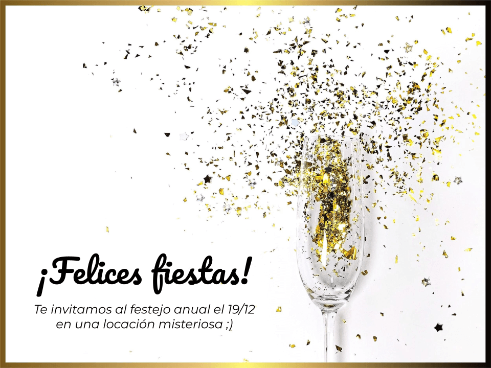 Invitaciones de fin de año con copa y brillantina