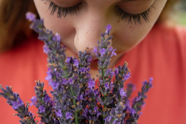 femme sentant un bouquet de fleurs
