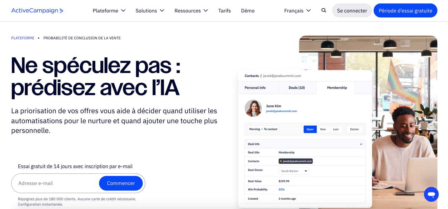 page accueil site activecampaign prédictions ia
