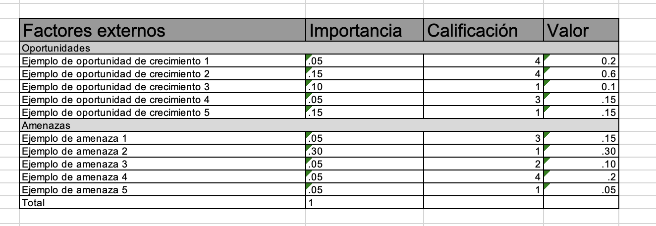 Cómo hacer una matriz EFE: Llena la casilla de "Valor"
