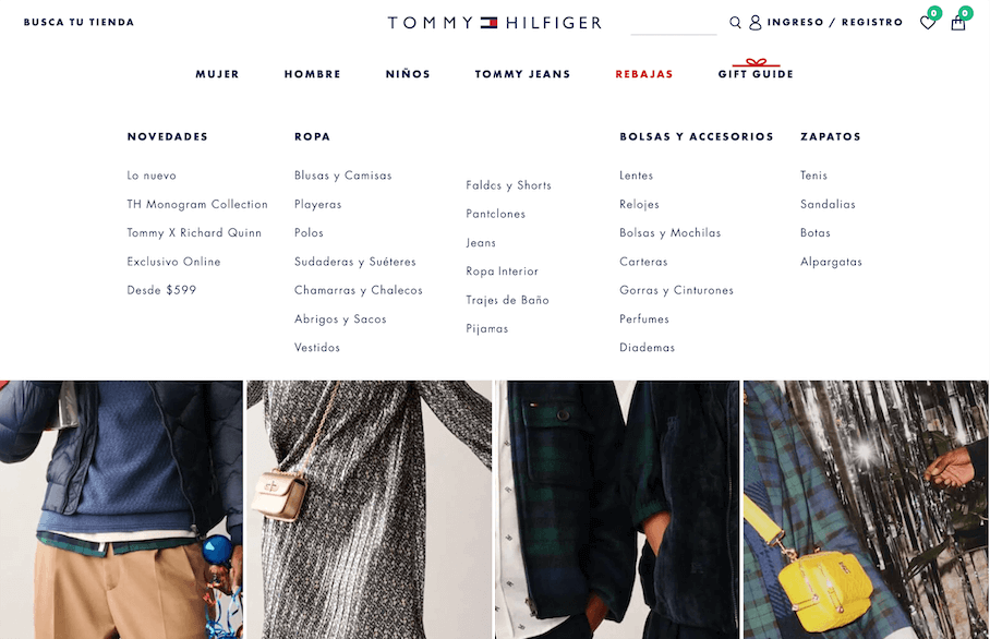 Ejemplo de menú de navegación en cascada: Tommy Hilfiger