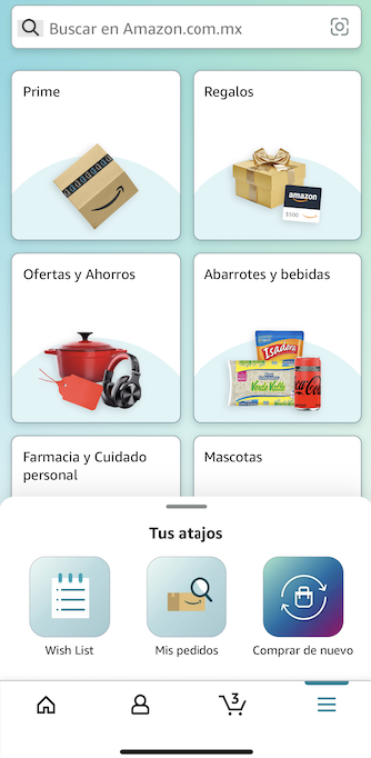 Ejemplo de menú de navegación de hamburguesa desplegado: Amazon