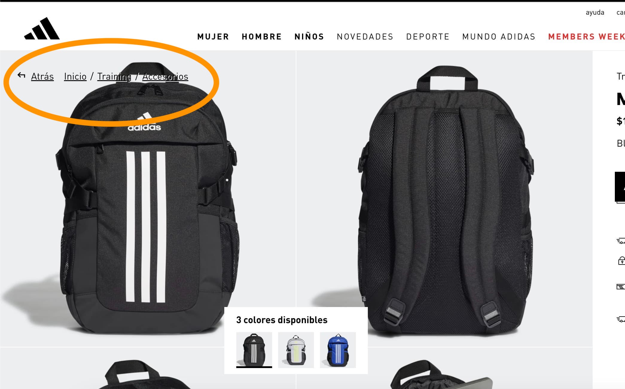 Ejemplo de migas de pan en sitio web de Adidas