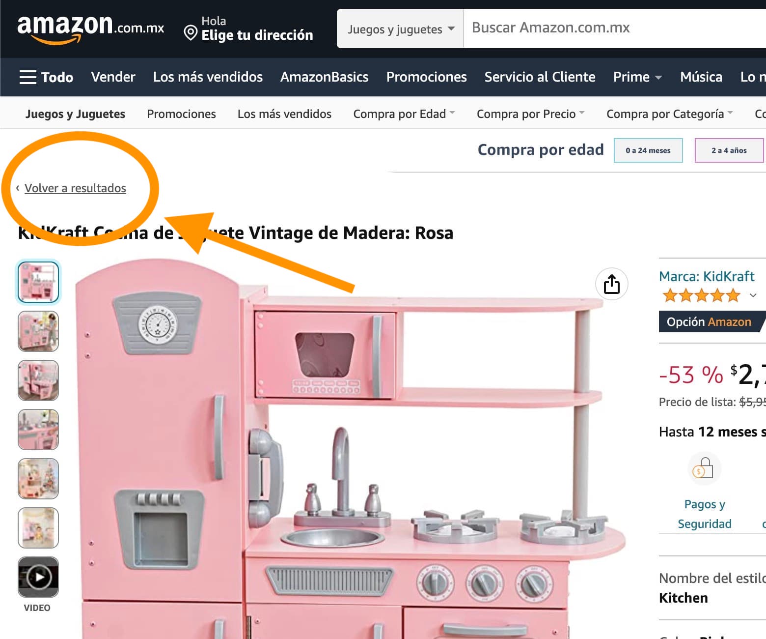 Ejemplo de migas de pan en sitio web de Amazon