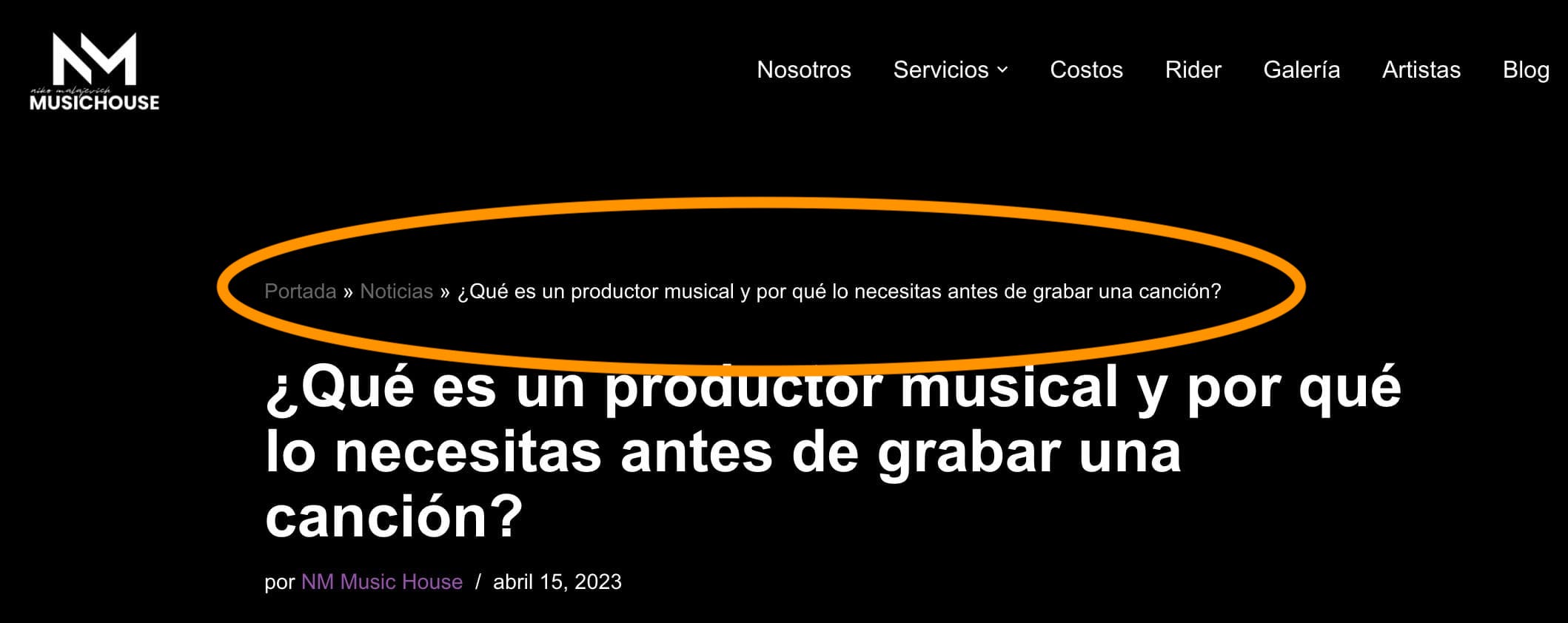 Ejemplo de migas de pan en sitio web de NM Music House