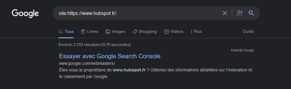 Image de la commande de Google pour vérifier l'indexation des pages.