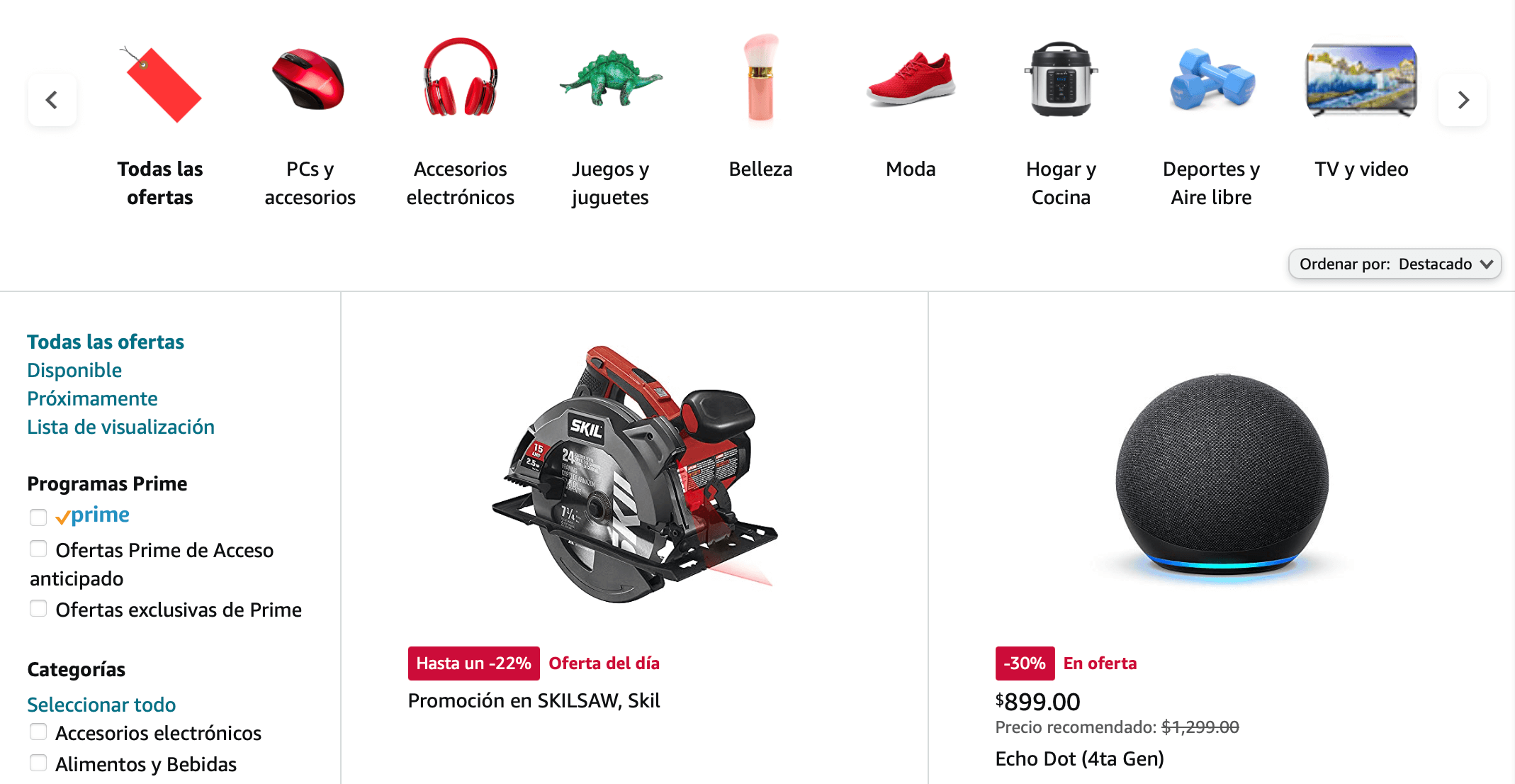 Ejemplo de página web dinámica: Ofertas del día de Amazon