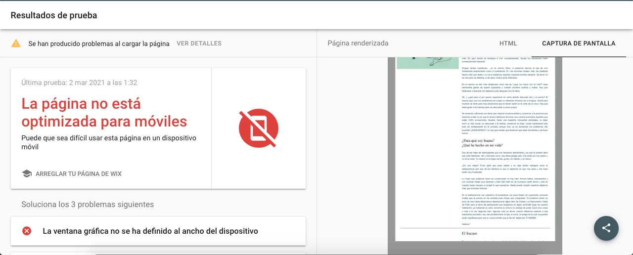 Resultados de análisis de la prueba de optimización para móviles de Google