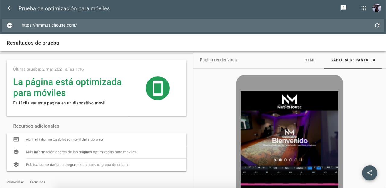 Resultados de análisis de la prueba de optimización para móviles
