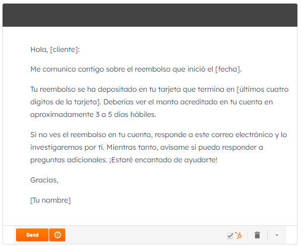 Plantilla de correo sobre estado de reembolso