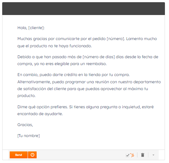 Plantilla de correo a cliente que no recibirá reembolso