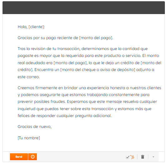 Plantilla de correo a cliente con cargo extra