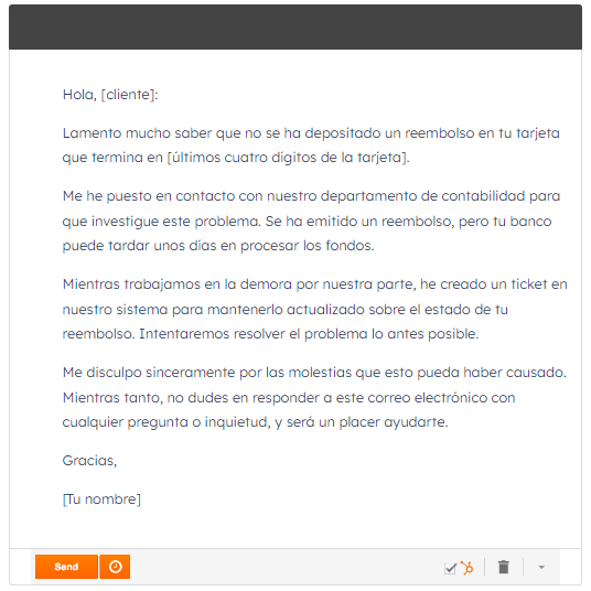 Plantilla de correo con retraso de reembolso