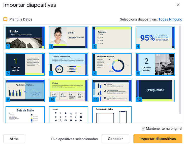 Seleccionar las diapositivas que se importarán a la plantilla en blanco de Google Slides