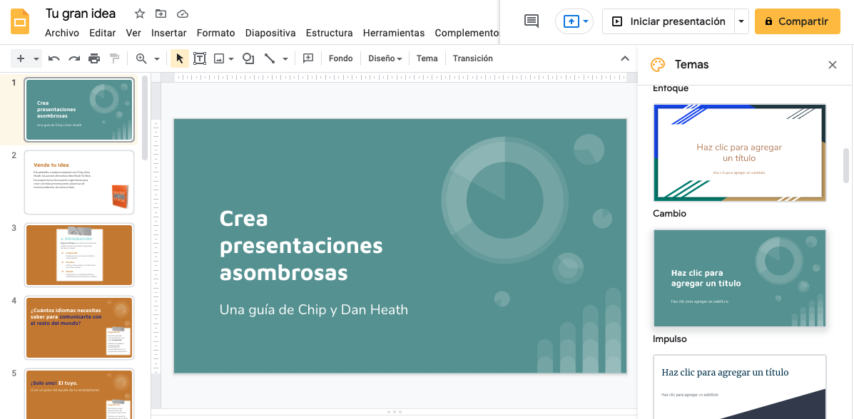 Cómo importar temas en Google Slides: opciones de presentación