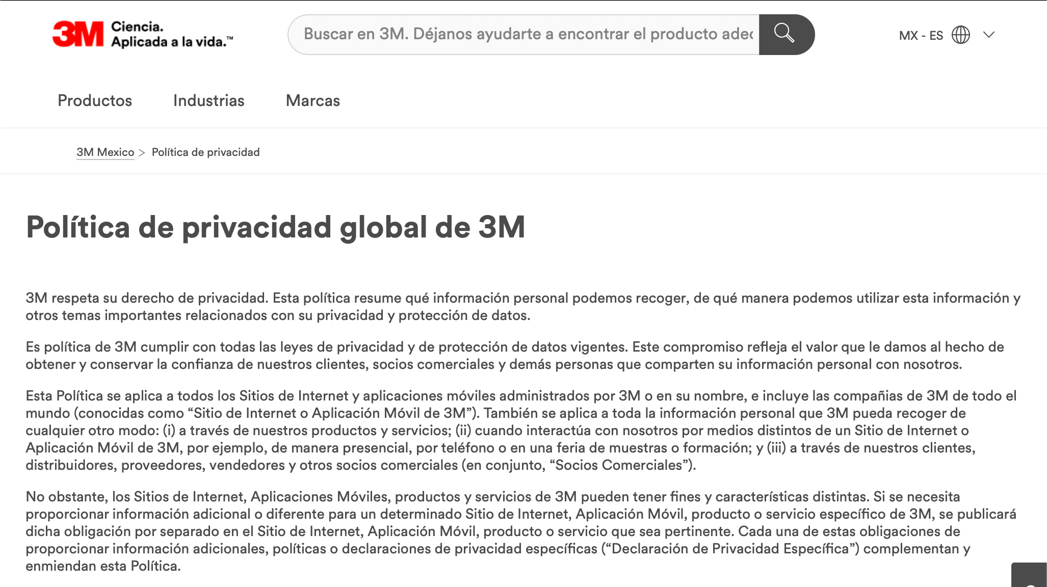 Ejemplo de página web estática: política de privacidad global 3M