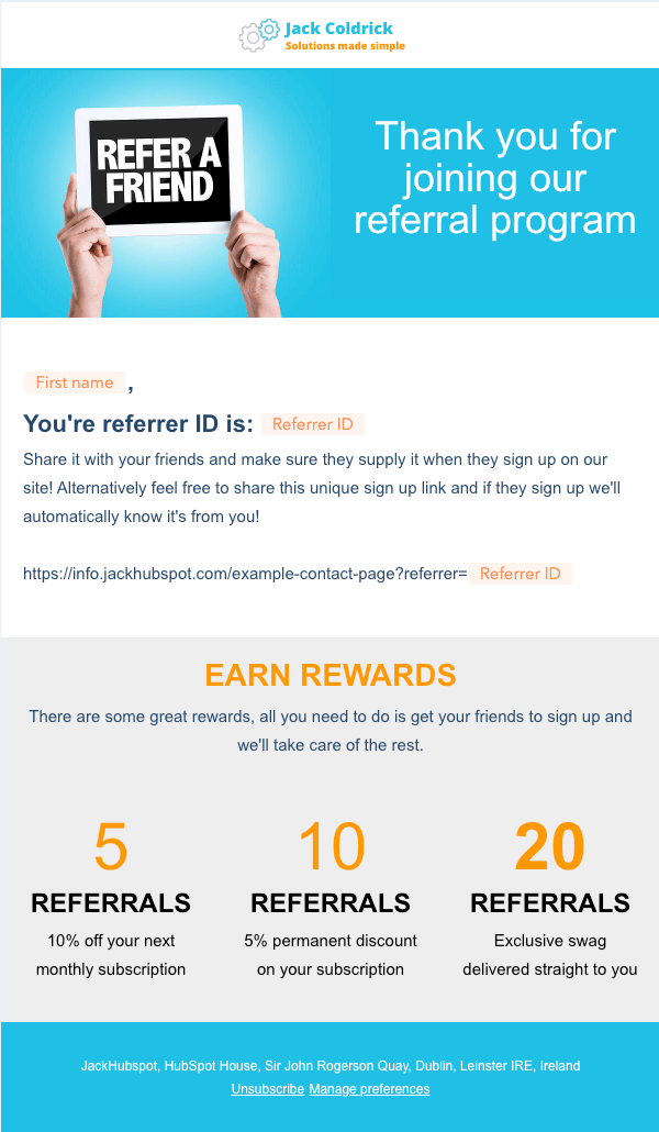 Ejemplo de correo programa de referidos (instrucciones en HubSpot)