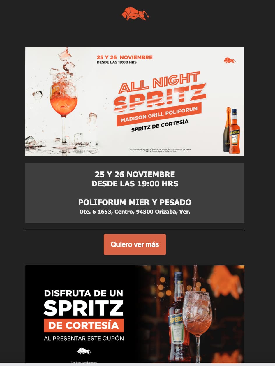 Ejemplo de promoción para aumentar ventas de Madison Grill