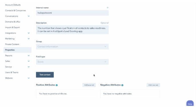Propiedades de lead scoring en software de HubSpot