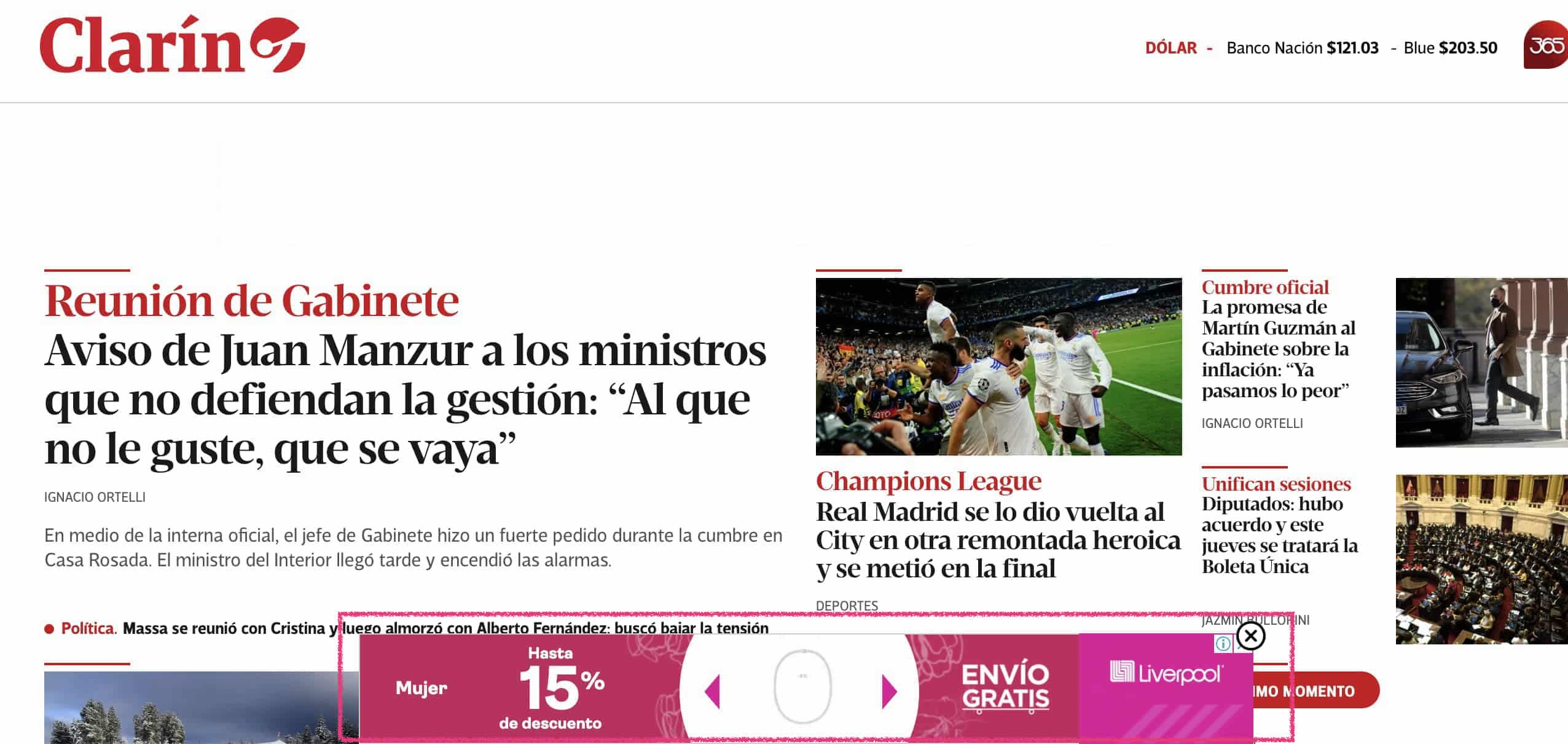 Ejemplo de publicidad display pop-up en El Clarín